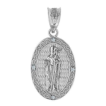 ソリッド10 Kホワイトゴールド聖パトリック・ダイヤモンド楕円メダルペンダント( 1.19」)