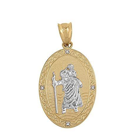 14 KツートンゴールドSaint Christopherダイヤモンド楕円メダルカトリック保護ペンダント( 1 