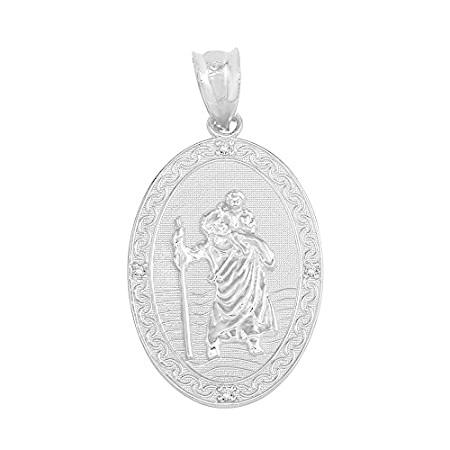 ソリッド14 KホワイトゴールドSaint Christopherダイヤモンド楕円メダルカトリック保護ペンダント( 1 