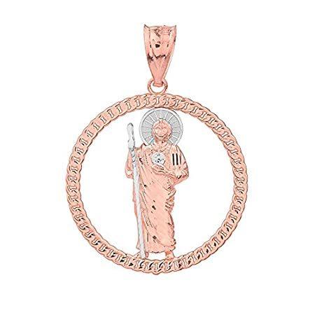 10K ツートーン ローズゴールド 聖ユダ ラウンドロープデザイン フレームペンダント