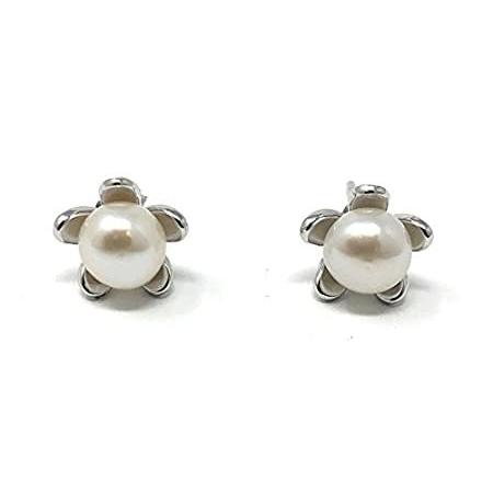 小さなスターリングシルバー 淡水パール フラワーリング スタッドピアス 10mm
