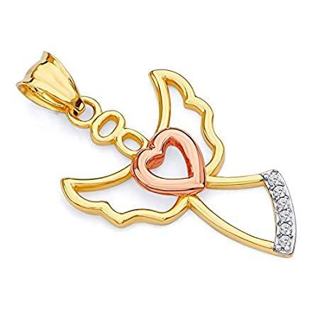 Wellingsale 14 KイエローゴールドCZキュービックジルコニアエンジェルペンダント(サイズ: 26 x 13 mm