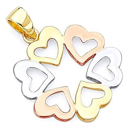 Wellingsale 14 K 3 3色ホワイトイエローとローズゴールド6ハートペンダント(サイズ: 23 x 17 mm