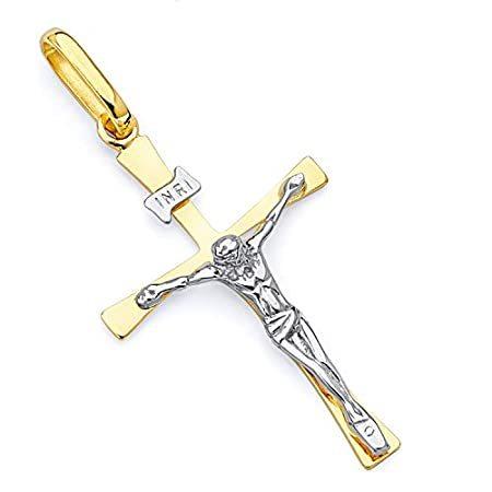 別倉庫からの配送 Wellingsale 14k ツートーン ホワイト イエローゴールド 十字架宗教ペンダント サイズ 35 X 17 Mm ネックレス ペンダント Www Gatorheatandair Com