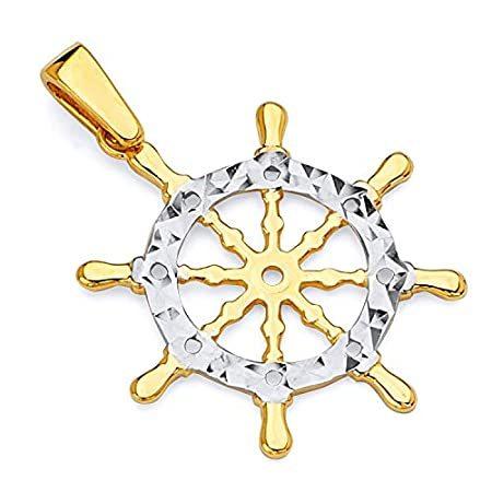 Wellingsale 14 K 2つ2トーンホワイトとイエローゴールドBoarホイールペンダント(サイズ: 24 X 14 mm