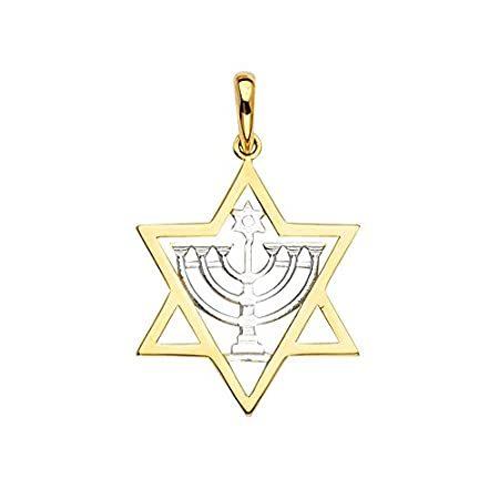 Jewels By Lux 14Kイエローとホワイトゴールドストーンメノラーペンダント 29mm X 19mm ダイヤモンド付き マクリ ホワイト＆イエローゴールド ネックレス