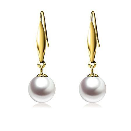 18k Real Yellow Gold Dangle Earrings for Women, Cultured Freshwater Pearl D