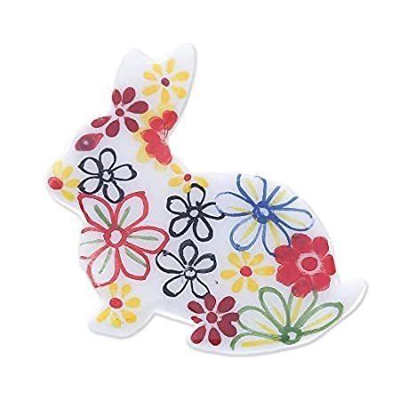NOVICA White Floral Rabbit Ceramic Brooch Pin for Girls Womens