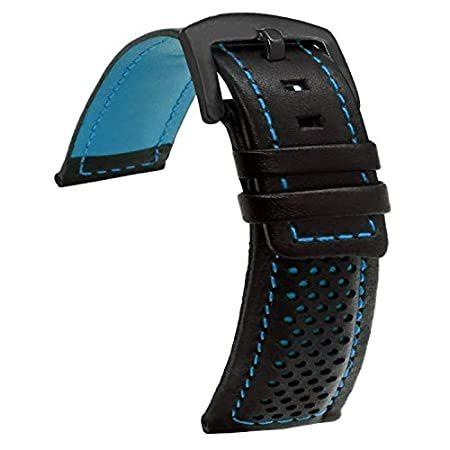 TIME4BEST Straps 22mm Racing Perforation Black Leather Watch Strap with Col