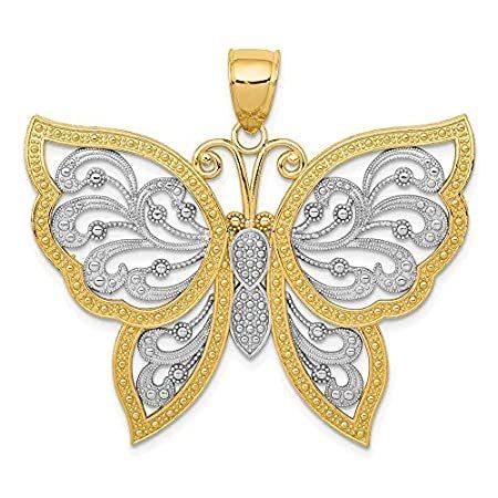 14k Yellow Gold and Rhodium Plated Diamond-Cut Butterfly Pendant