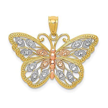 14k Yellow Gold and Rhodium Plated Diamond-Cut Butterfly Pendant