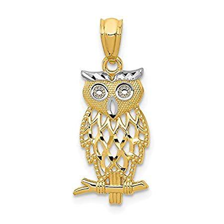 14k Yellow Gold and Rhodium Plated Owl Pendant