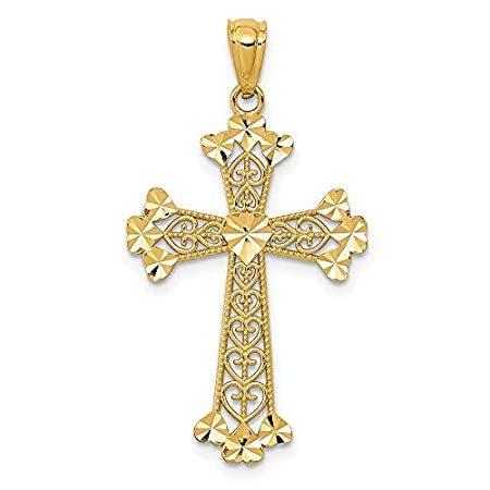 14k Yellow Gold Diamond-Cut Filigree Hearts Cross Pendant