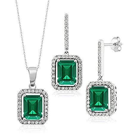 Gem Stone King 925 Sterling Silver Green Simulated Emerald Pendant Earrings