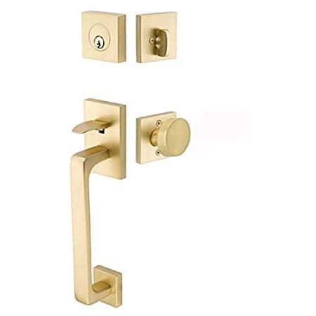 Emtek 4820 Baden シングルシリンダー キーエントリー ラウンドノブ 真鍮 モダンハンドルセット、サテン真鍮仕上げ
