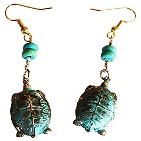 最新発見 Elaine Coyne Wearable Art Verdigris Patina Solid Brass Sea Turtle Dangle Ea イヤリング
