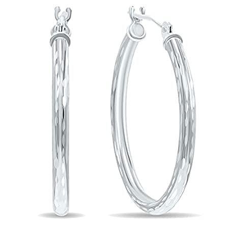 14K White Gold Shiny Diamond Cut Engraved Hoop Earrings (25mm)