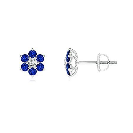 Six Petal Diamond and Sapphire Flower Stud Earrings in 14K White Gold (1.7m
