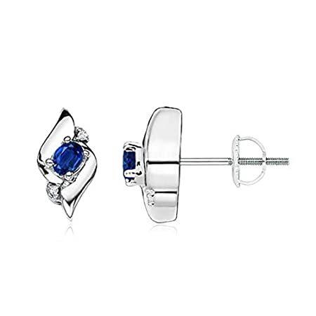 Oval Blue Sapphire and Diamond Shell Stud Earrings in 14K White Gold (4x3mm