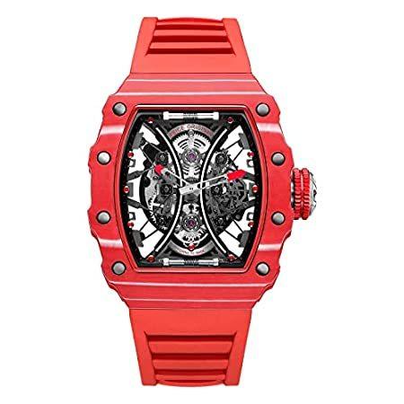 メンズ 自動腕時計 ラグジュアリー サファイア ミラー スケルトン 機械式腕時計 スクエア 防水 スポーツ腕時計 M602, レッド
