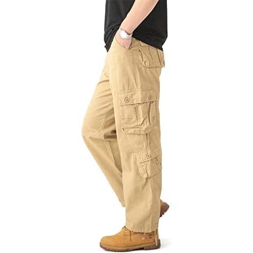 メンズ カーゴパンツ 作業ズボン ゆったり 大きいサイズ 多機能 ロングパンツ 綿 無地 (カーキ 2XL) その他ボトムス、パンツ