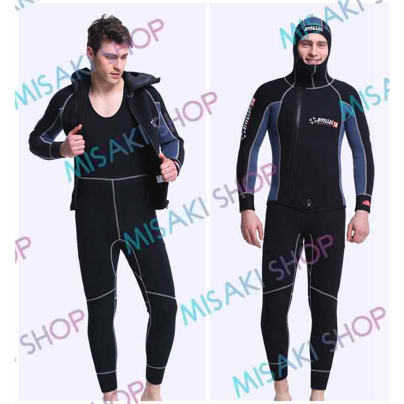 5mm厚さ＆ロングジョン仕様】フード付き 裏起毛 2ピース 上下セット