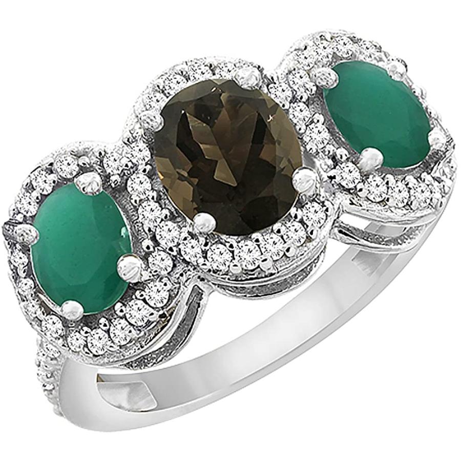 格安即決 14k White Gold Natural Smoky Topaz Cabochon Emerald 3 Stone Ring Ova 人気ブランドを Blue Stack Co Uk