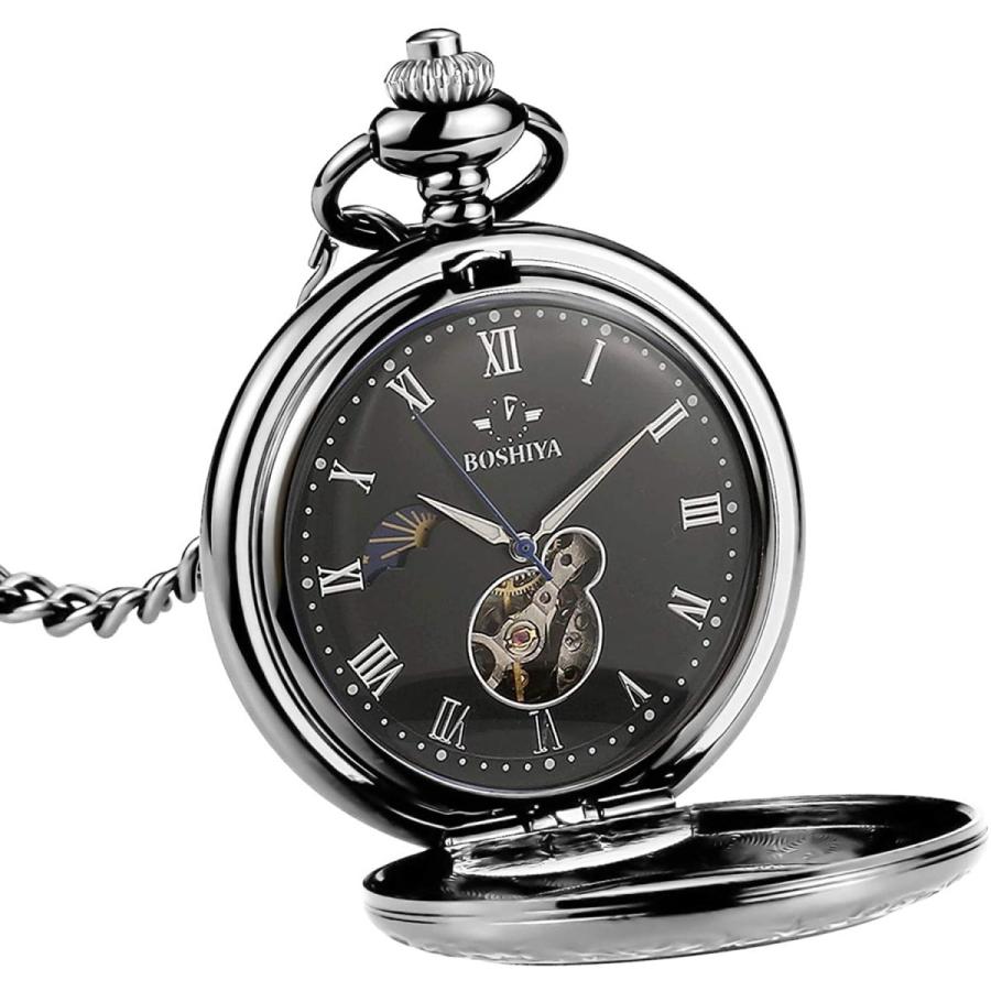 送料無料まとめ割 Boshiya 機械式懐中時計 拡大鏡 ガラスカバー ローマ数字 文字盤 スケルトン 自動巻き チェーン付き メンズ レディース L ブラック 並行輸入品 オンラインファッション Superavila Com
