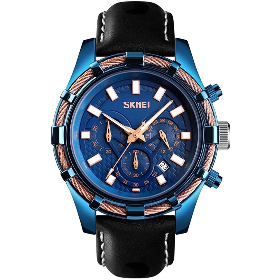 海外の輸入品ショップ-世界中の様々なアイテムをお得に購入 Watches for Men Large Big Face Luxury Waterproof Luminous Fashion Dress Casual Analog Quartz Chronograph Black Leather Band Blue Sports Wrist Watch B