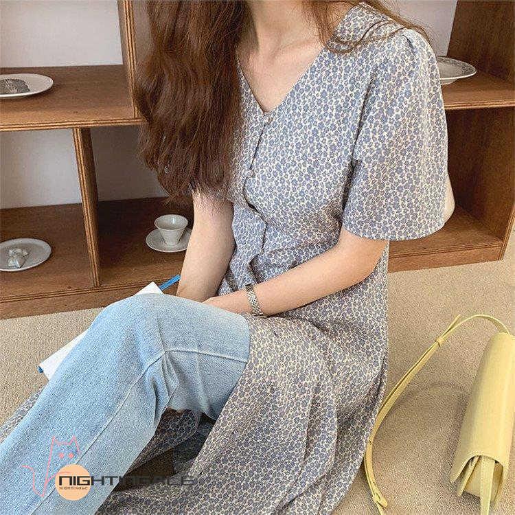 ワンピース レディース 上品 春夏 マキシワンピース半袖 花柄きれいめ シフォン シングルボタン スリット 体型カバー 可愛い着痩せ通勤ol 韓国風30代40代50代 定休日以外毎日出荷中