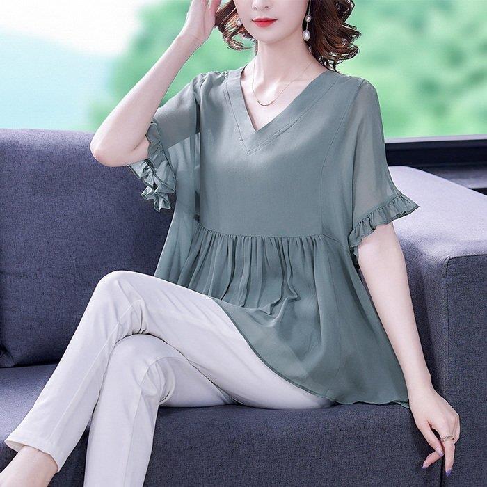 ブラウス レディース 40代 春夏新作 オシャレブラウス シフォンブラウス ベルスリーブブラウス 半袖トップス 通勤 Vネックブラウス 30代50代 ゆったりtシャツ 21年レディースファッション福袋