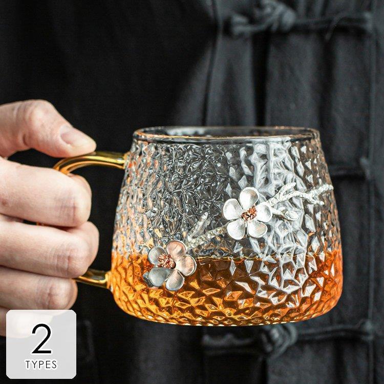 キッチン用品 食器 お茶用品 コップ グラス フラワー 立体モチーフ 透明感 ティータイム 取っ手 クリア シルバープレゼント リラックス 可愛い Ahk73 全品最安値に挑戦