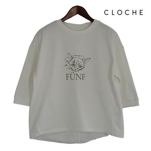 CLOCHE（クロッシェ）新着 五分袖Tシャツ 猫のイラスト ゆったりサイズ