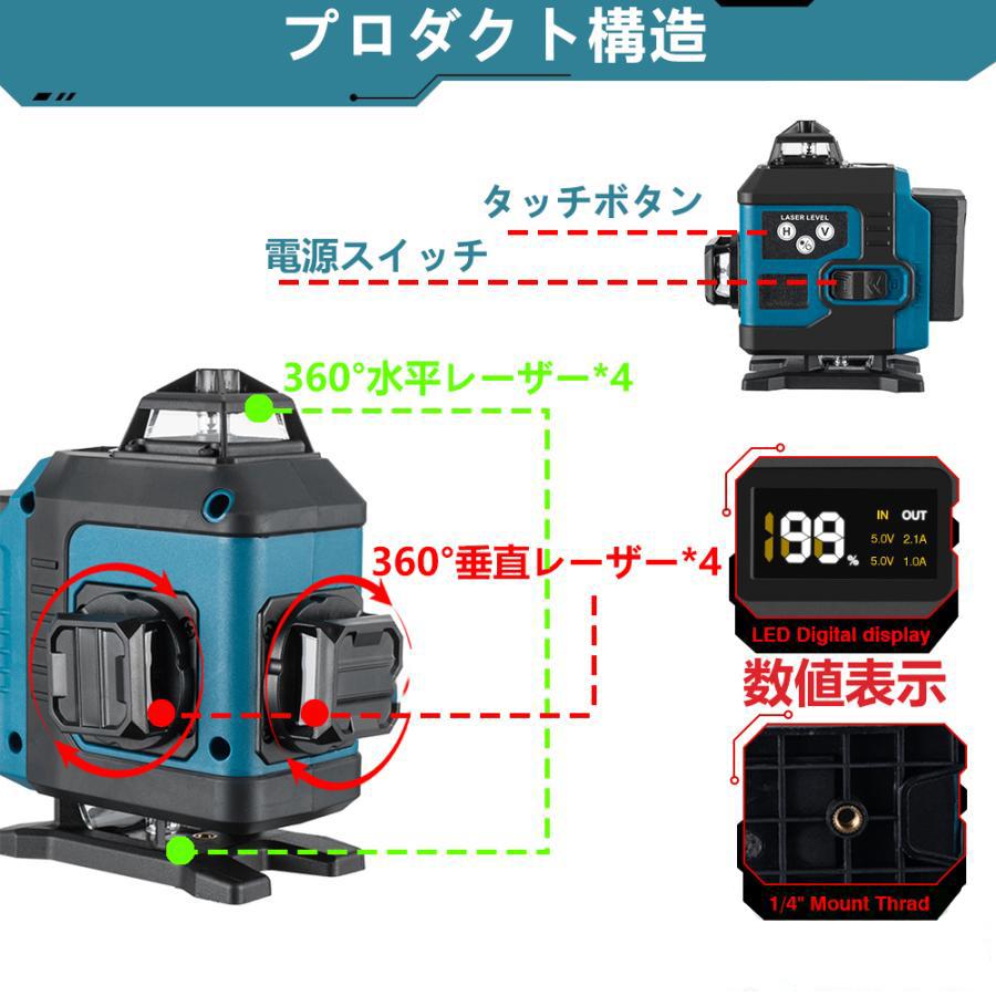 レーザー墨出し器 4x360°グリーンレーザー 水平器 16ライン 輝度調整
