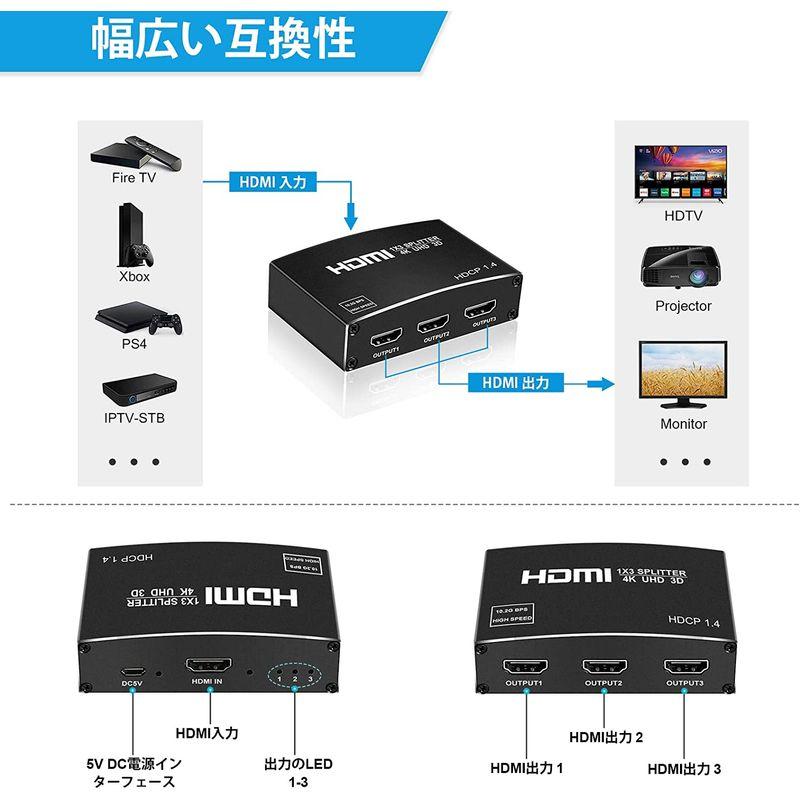 NEWCARE HDMIスプリッター 1入力3出力 同時出力 HDMI 分配器 4K HDCP 1.4 3D 対応 PC Xbox PS4｜pepe-shop｜03