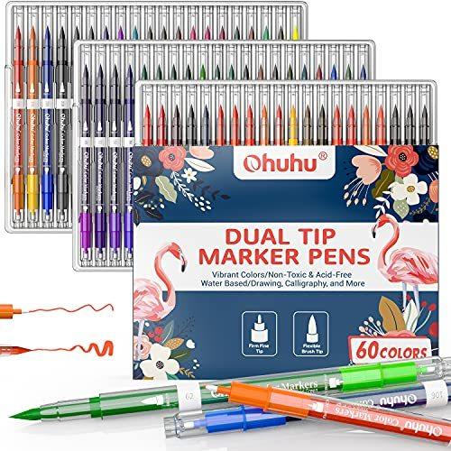 Ohuhu 水性マーカー 60色 マーカーペン イラストマーカー 筆先 筆 極細 アートマーカーペン 水彩ペン 水性インク 鮮やか イラスト 手帳 絵手紙 色塗り 塗り絵 お買い得モデル