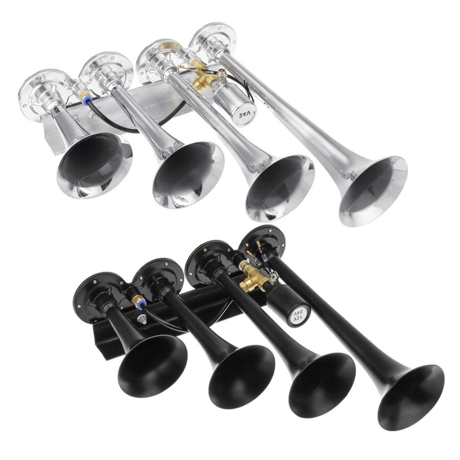 エアーホーン 185db ラウド 4連トランペットエアホーン クロム ブラック 12v 24v 汎用 乗用車 トラック ボート等 Un M Pepperヤフーショップ 通販 Yahoo ショッピング