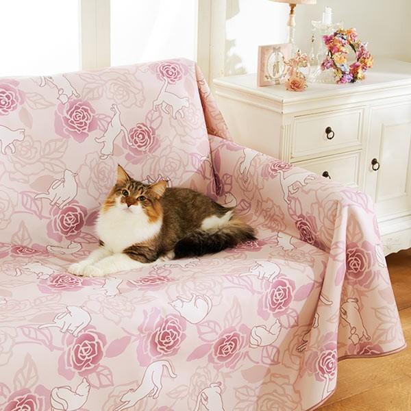 ローズ＆キャット 防水マルチカバー 100×150cm×厚さ0.1cm 猫雑貨 猫柄 ベッドカバー ソファカバー 防水 オーナーズグッズ 国産