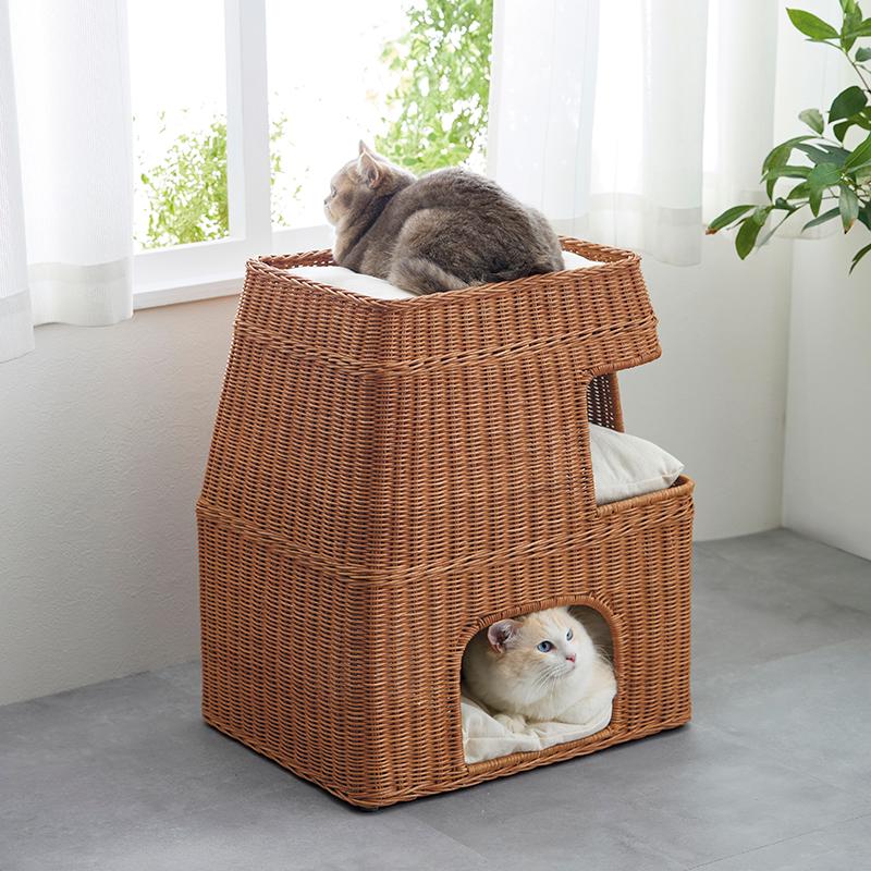 美品☆ラタンキャットハウス　犬猫兼用 3階建てラタン キャットハウス 猫 ラタン ハウス 高級感 高さ60cm 多頭