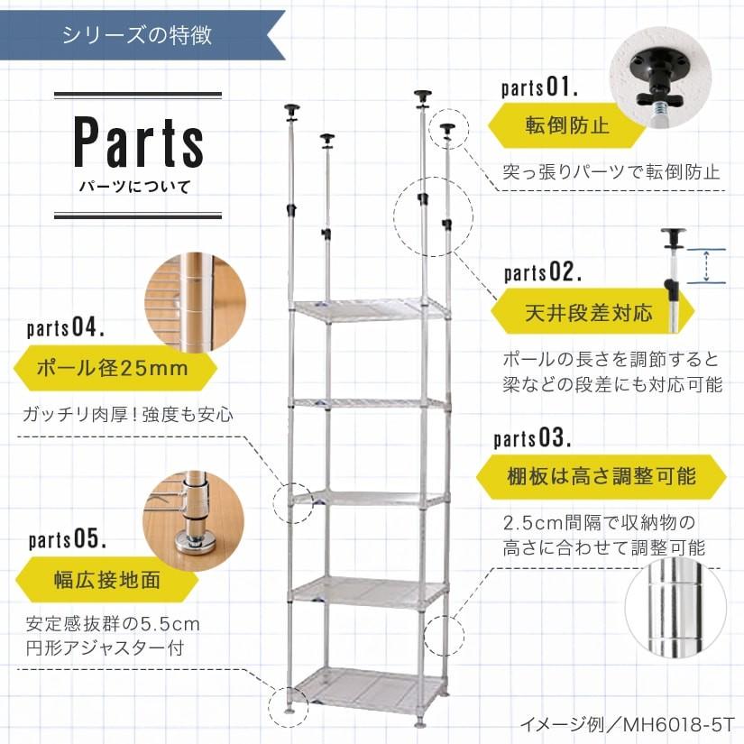 スチールラック 突っ張りラック 棚 幅76 奥行46 5段 25mm   ルミナス スリム MH7618-5T｜perfect-floors｜09