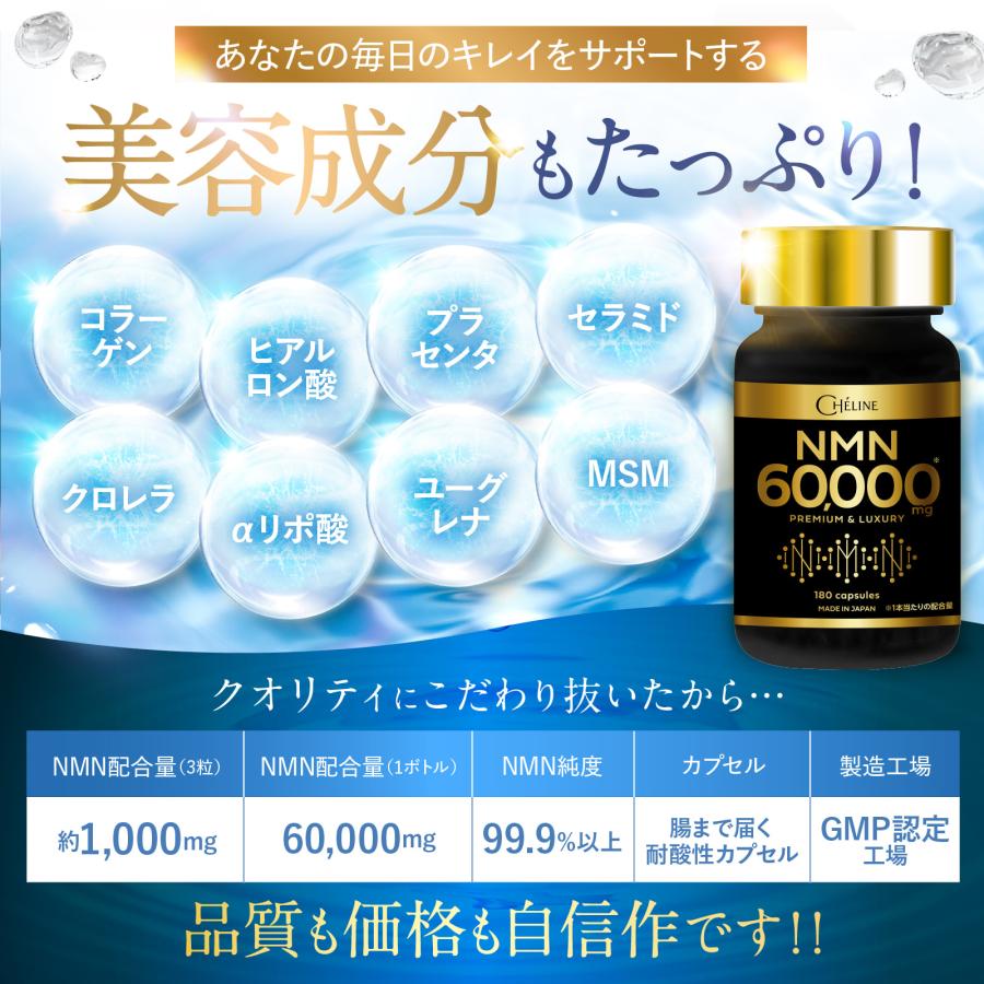 NMN 60,000mg 日本製 高純度99.9% 180カプセル 約60日分 耐酸性