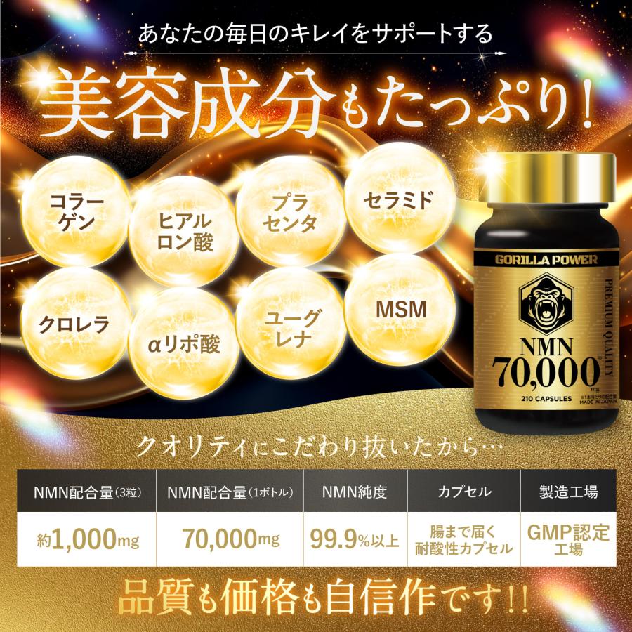 NMN GORILLA POWER 70,000mg 日本製 耐酸性カプセル 210カプセル 約70