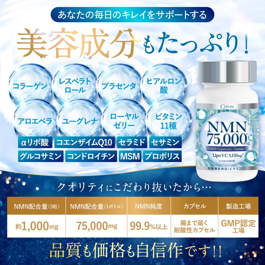 NMN 75,000mg リポソームビタミンC 3,150mg 耐酸性カプセル 210