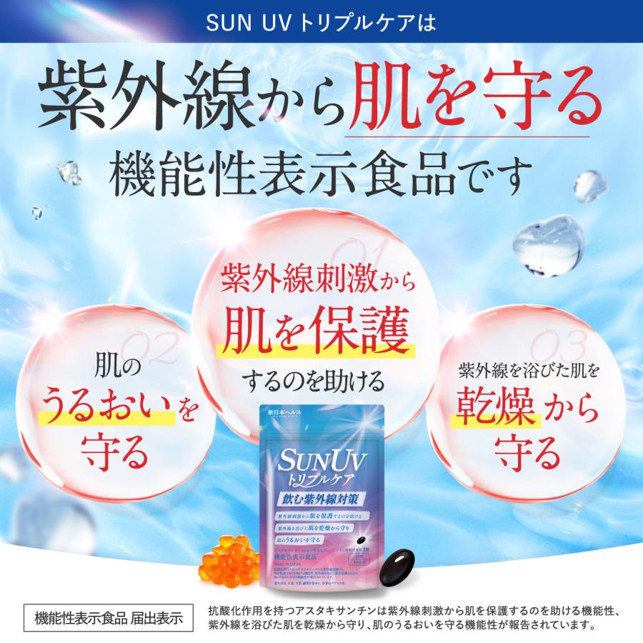 アスタキサンチン SUN UV トリプルケア 【飲む太陽対策】 機能性表示食品 国内GMP製造 コラーゲン プラセンタ サプリメント 新日本ヘルス 30粒 30日分 |  | 03