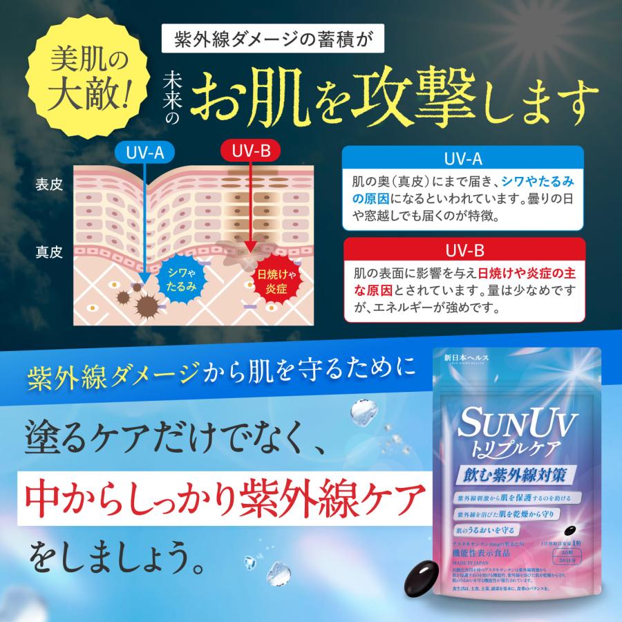 アスタキサンチン SUN UV トリプルケア 【飲む太陽対策】 機能性表示食品 国内GMP製造 コラーゲン プラセンタ サプリメント 新日本ヘルス 30粒 30日分 |  | 04