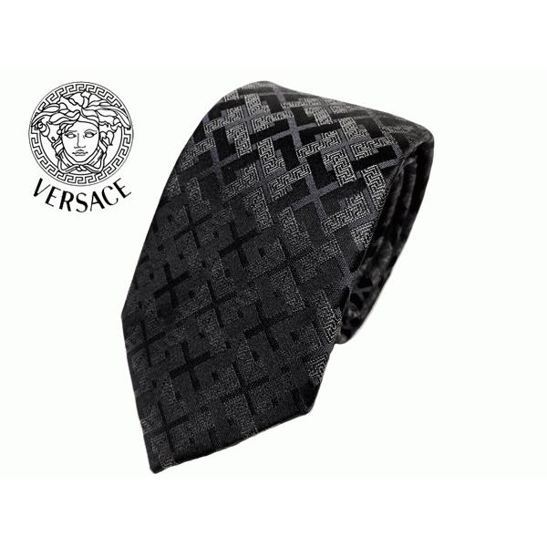 ヴェルサーチ ICR7001 A236237 A4059 ブラック地 グレー系 格子 チェック柄 X シルバー系 グレカ柄 ネクタイ