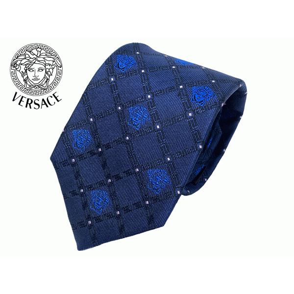 ヴェルサーチ ネクタイ VERSACE ICR7001 IT00154 I4148 NAVY ブルー系 メデューサ柄入り ブラック系 グレカ チェック柄 ネイビー系 ネクタイ