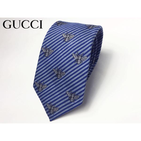 グッチ ネクタイ GUCCI 473176 4E648 4069 BEE ブルー系地 蜂 ビー 絵柄入り ストライプ スリム ネクタイ｜perlei