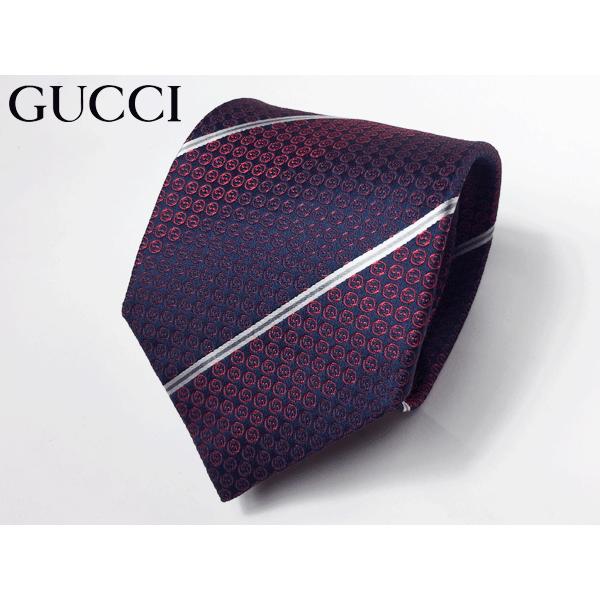 グッチ ネクタイ GUCCI 386487 4B002 6463 IMERA ネイビー系地 ボルドー系 ダブルカラー インターロッキングG柄 ストライプ ネクタイ｜perlei