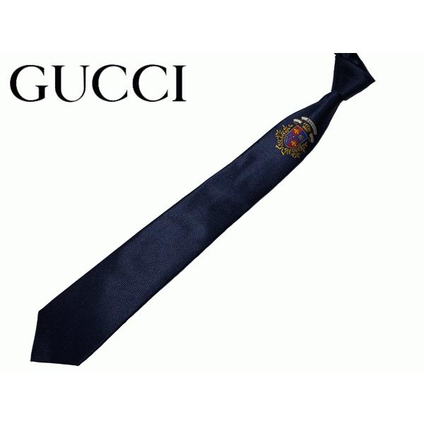 グッチ ネクタイ GUCCI 571780 4E002 4100 LEEDS ロゴ入り ワンポイント クレスト紋章絵柄 刺繍入り ネイビー ネクタイ